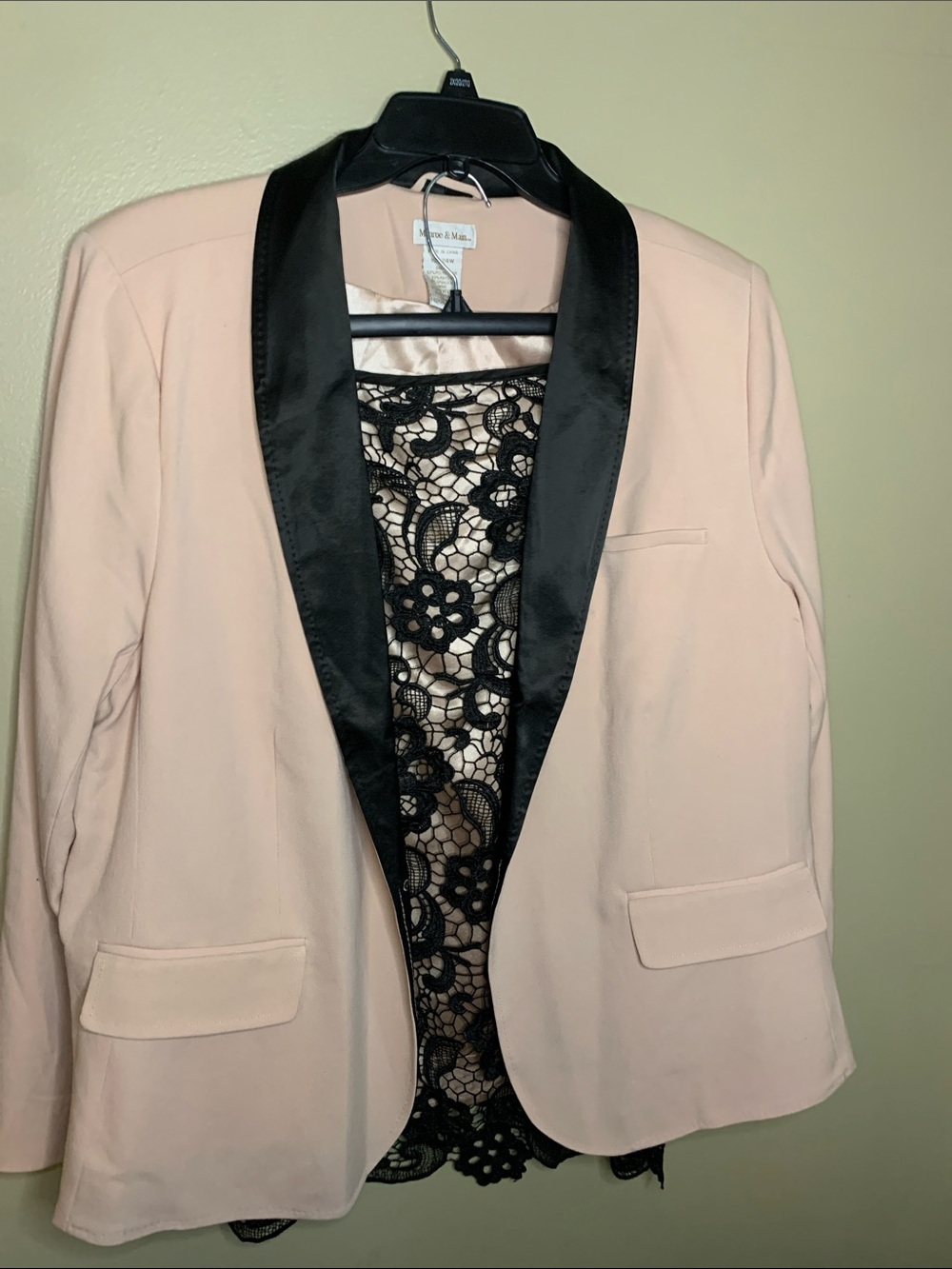 Monroe & Main Blush Pink Blazer with Black Satin Lapel and Lace Front